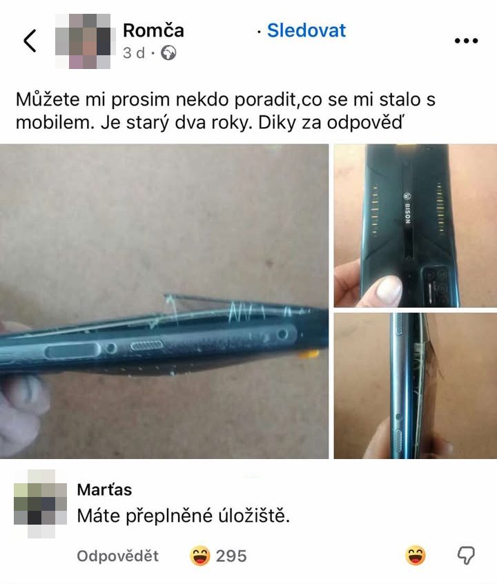 Poškodený mobil po dvoch rokoch: Rozpadnutá konštrukcia zobrazená z viacerých uhlov, žiadosť o radu na Facebooku.