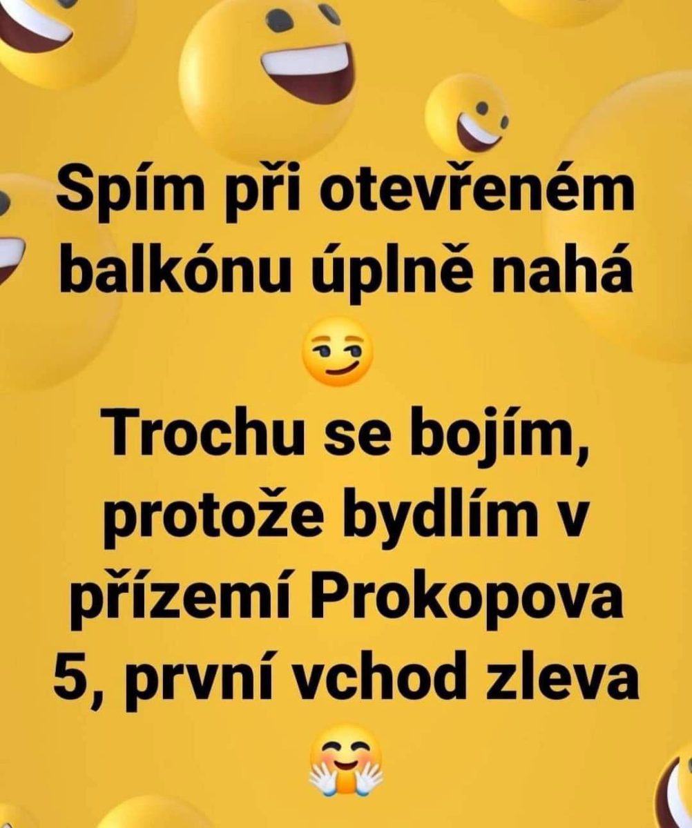 Vtipný text s emodži na žltom pozadí o spánku na balkóne.