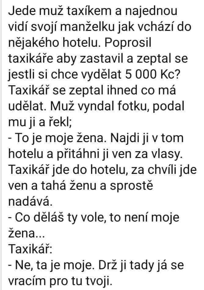 Muži v taxíku uvideli manželku vchádzať do hotela. Taxikár dostal úlohu, aby ju vyhľadal. Prekvapivé odhalenie.