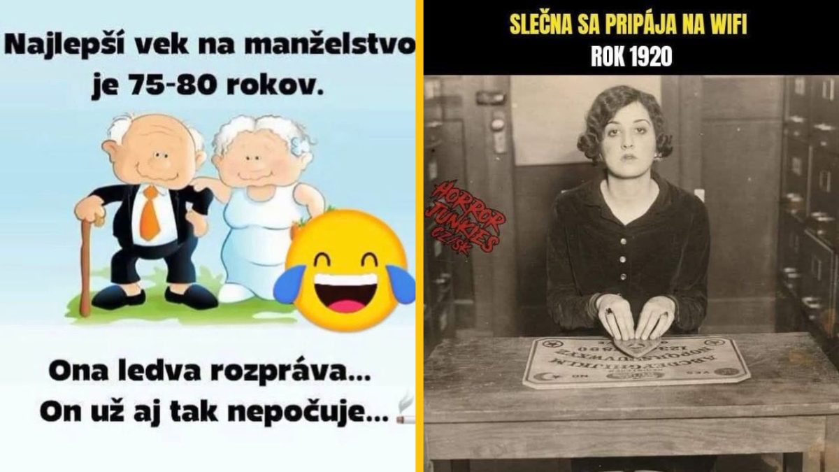 Vtipný obrázok o manželstve v starobe a žena v retro štýle údajne „pripájajúca sa na WiFi“ s tabuľkou duchov.