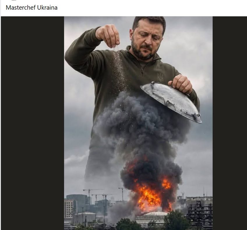Obor v kuchyni: Obraz lídra s kuchynskou šľahvičkou na pozadí horiacej scenérie. Kreatívna fotomontáž.