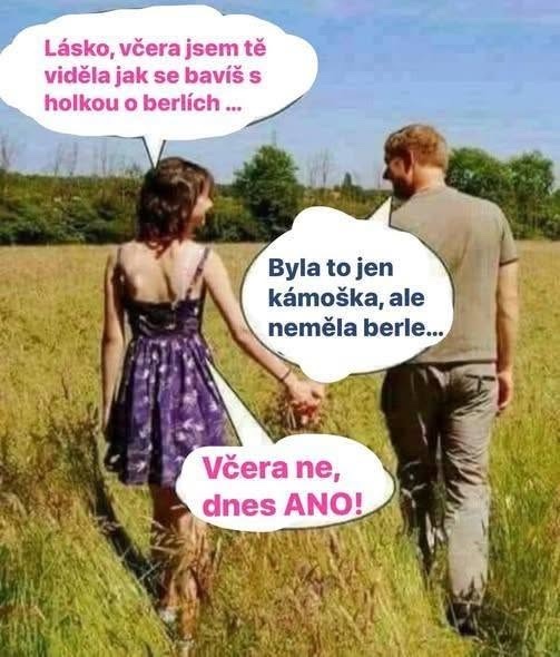 Pár držiaci sa za ruky na lúke, s vtipnými rečovými bublinami o rôznych situáciách z minulosti.