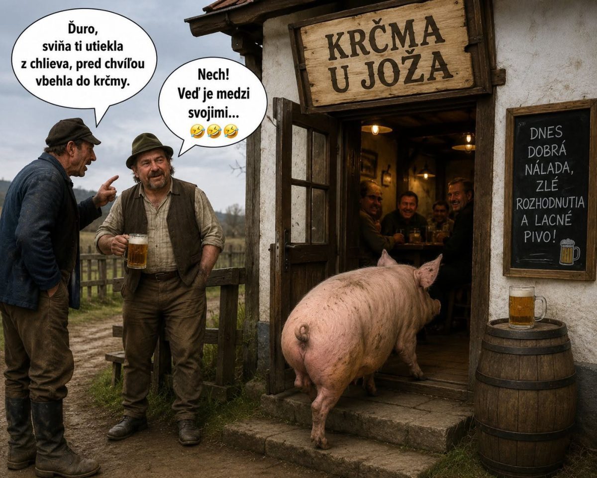 Prasiatko vstupuje do krčmy, muži sa smejú a pijú pivo, tabuľa s nápisom Dnes dobrá nálada, zlé rozhodnutia a lacné pivo.