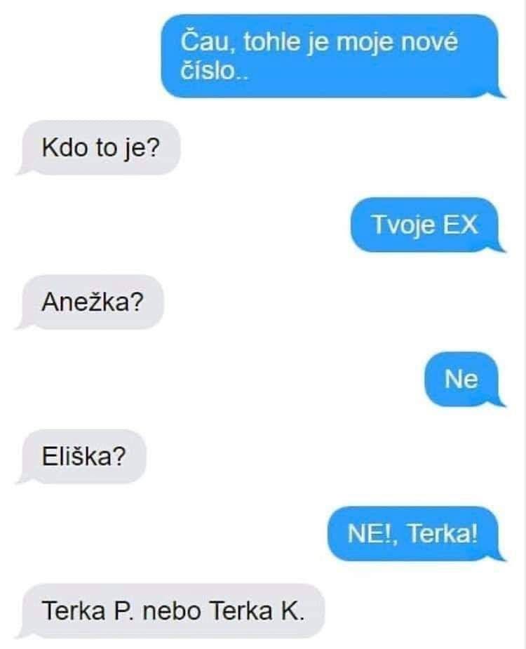 Chatová konverzácia: Nové číslo, označenie EX, zmätok pri hádaní mien - Anežka, Eliška, Terka.