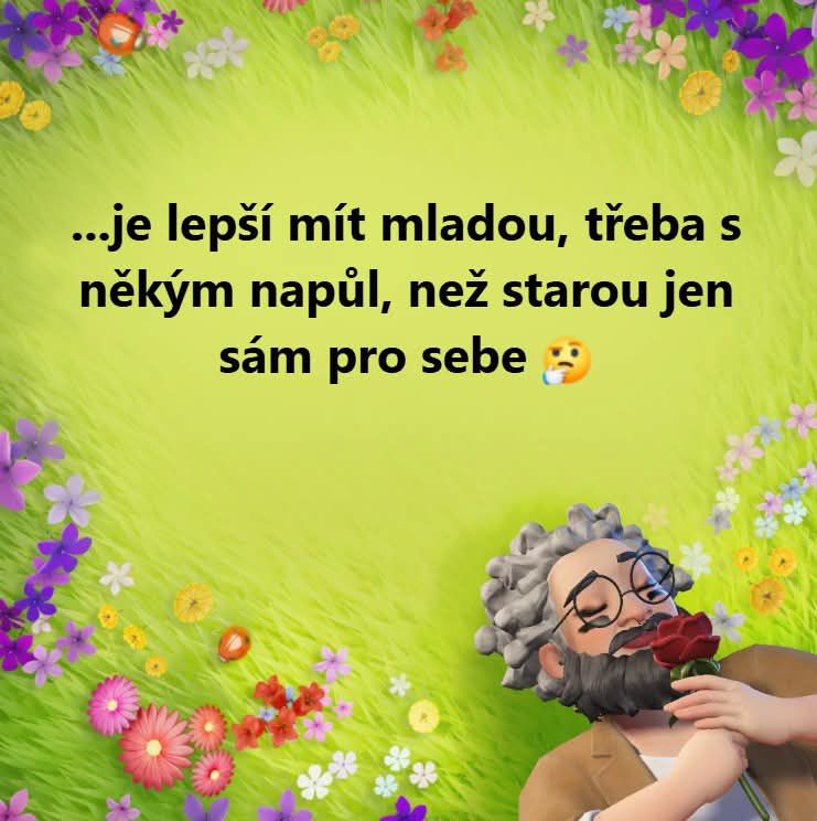 Muž s okuliarmi leží na tráve s kvetmi, drží ružu a premýšľa nad textom o vzťahoch.