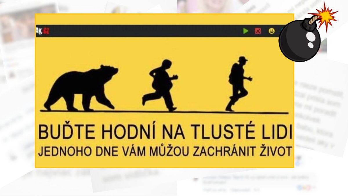 Nápis s bežiacim medveďom, dvoma ľuďmi a humorným textom o záchrane života.