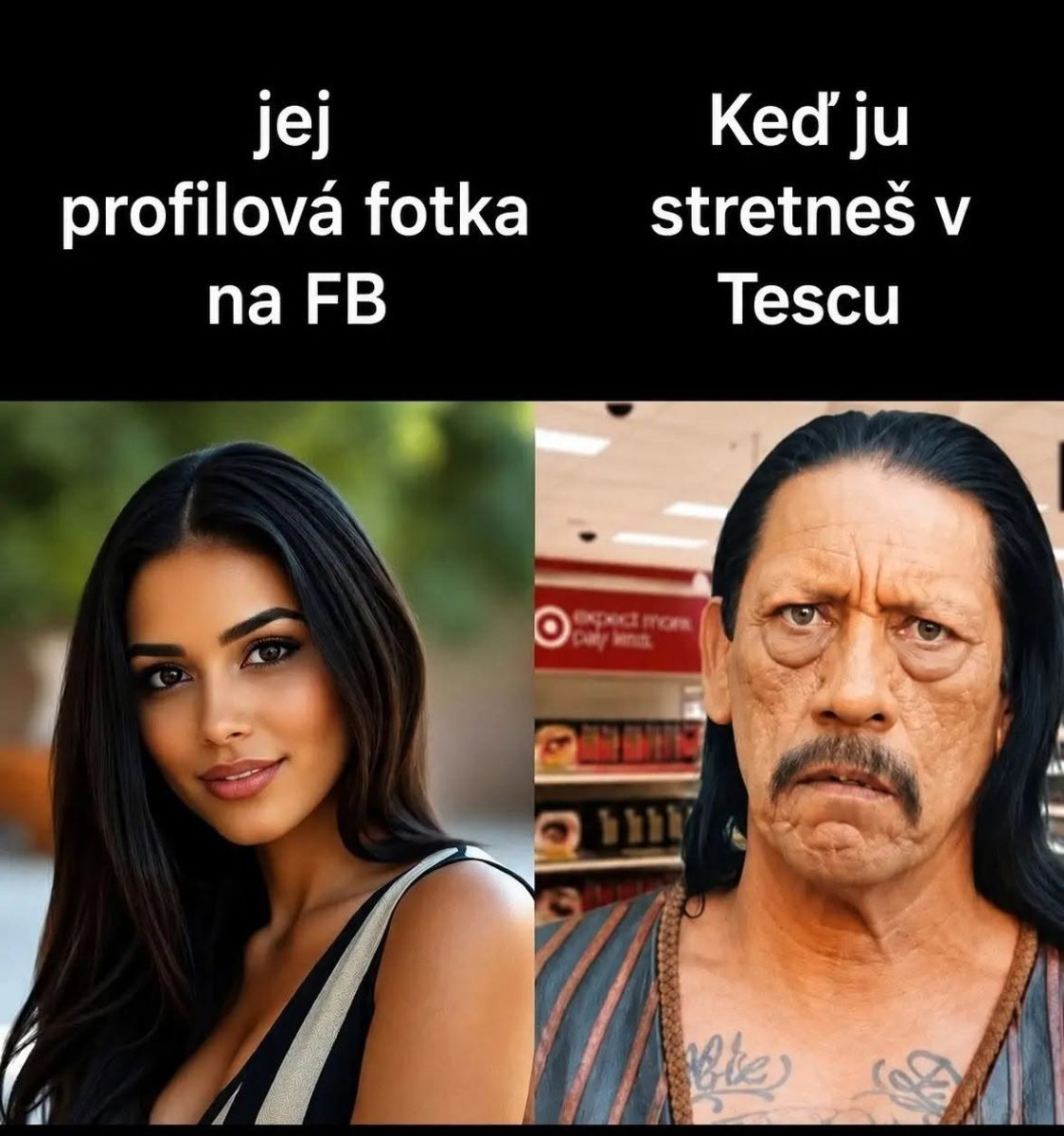 Kontrast medzi profilovou fotkou na Facebooku a realitou pri nákupoch v obchode.