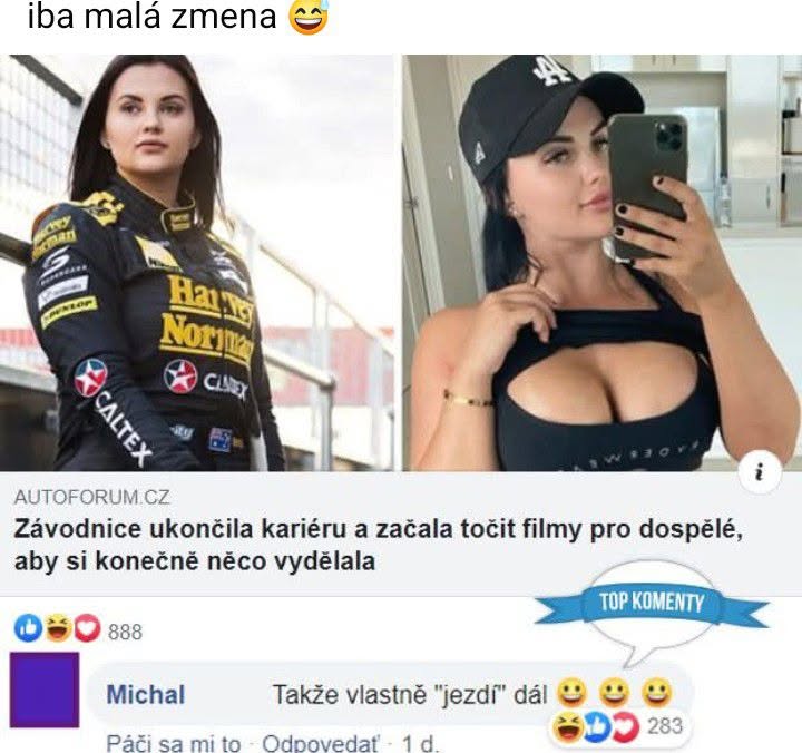 Žena ukončila kariéru pretekárky a prešla do filmového odvetvia pre dospelých; vtipný komentár o jazdení.