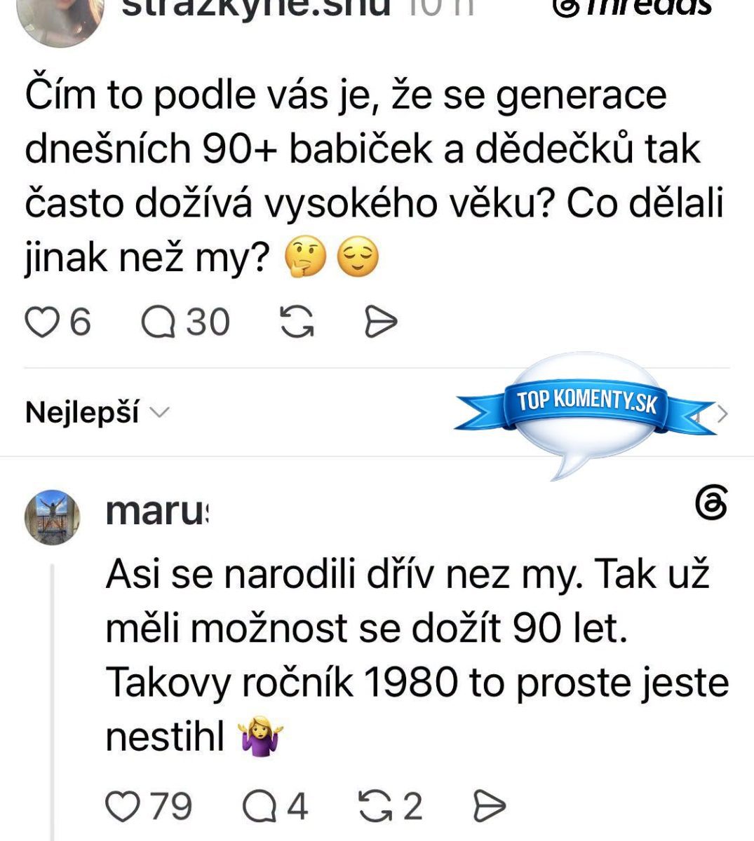 Otázka o dlhovekosti súčasných seniorov a humorná odpoveď o dátume narodenia.