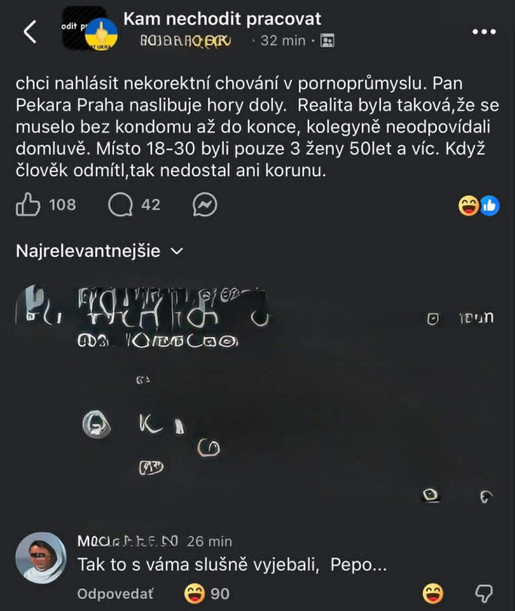 Oznámenie o nekorektnom správaní v pracovnom prostredí na sociálnej sieti, reakcia používateľa.