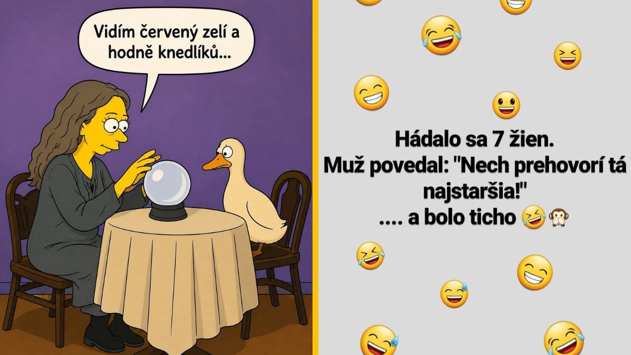 Veštkyňa s krištáľovou guľou a kačkou; vtipné texty a emoji smiechu na pozadí.