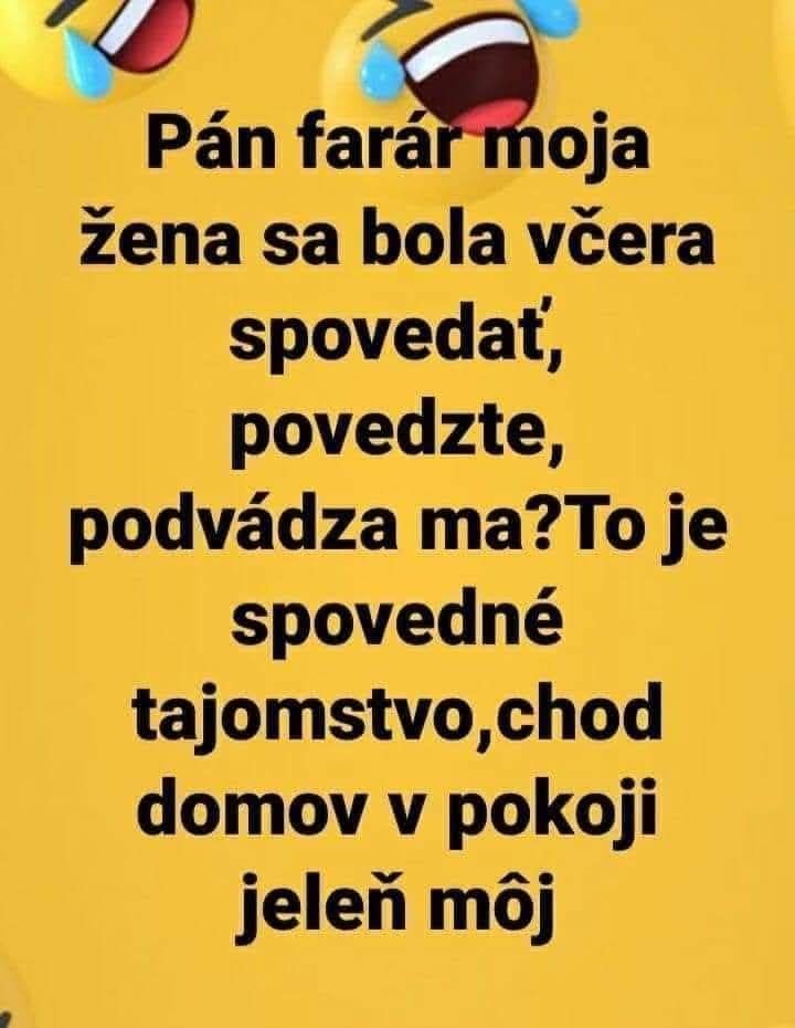 Vtipný text o spovednom tajomstve a žiarlivosti s obrázkom smejúcich sa emotikonov.