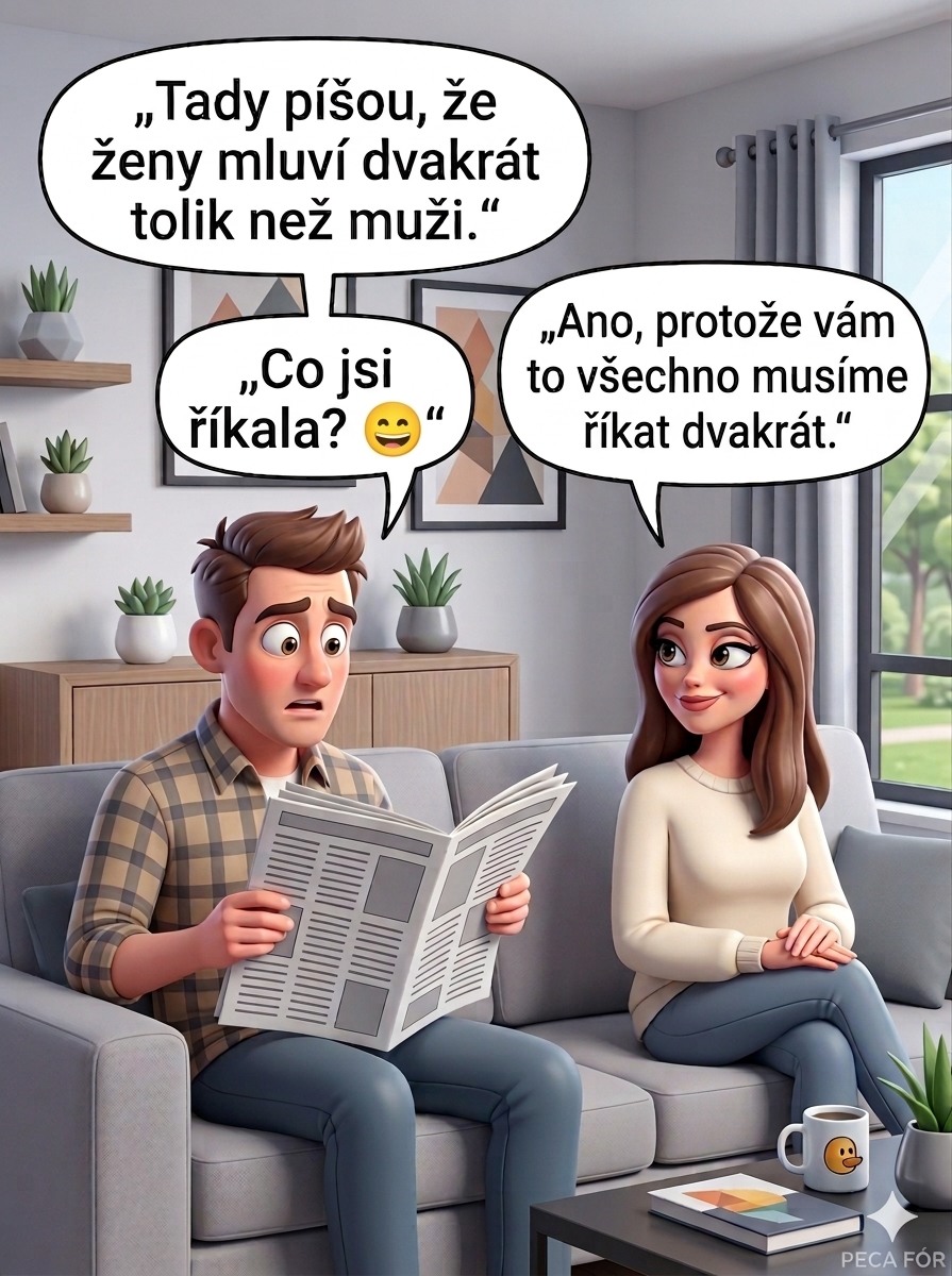 Muži čítajúci noviny na gauči, žena vedľa neho s úsmevom vysvetľuje dvojitú komunikáciu.
