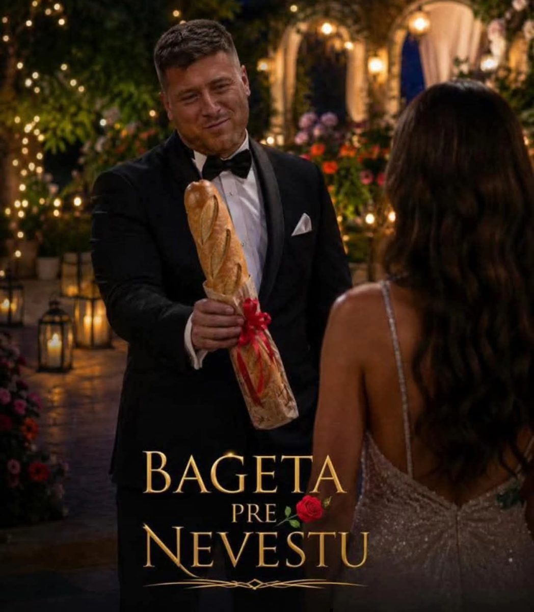 Muž v smokingu ponúka žene bagetu počas romantického večera. Bageta pre nevestu napísané na obrázku.