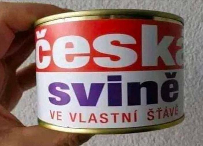 Konzerva označená ako česká svině ve vlastní šťávě, držiac ju v ruke na bielom pozadí.