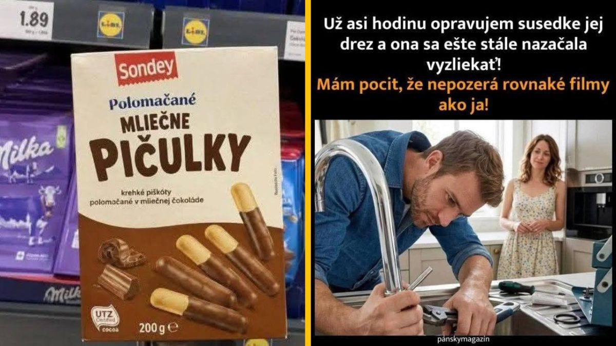Dva humorné obrázky: obal sušienok s neobvyklým názvom a muž opravujúci drez s ironickou poznámkou o filmoch.