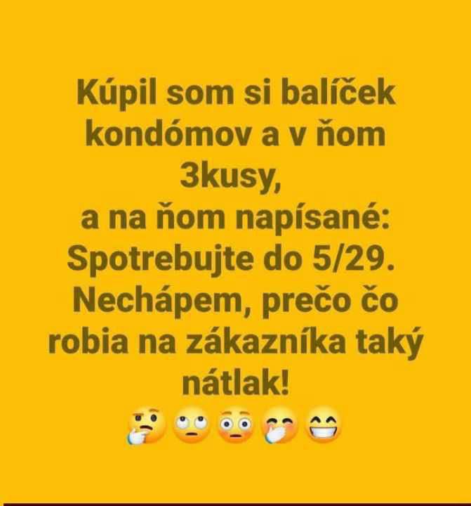 Balíček kondómov s dátumom spotreby 5/29 spôsobuje nepochopený tlak na zákazníkov. Emojis pre vyjadrenie zmätku a humoru.