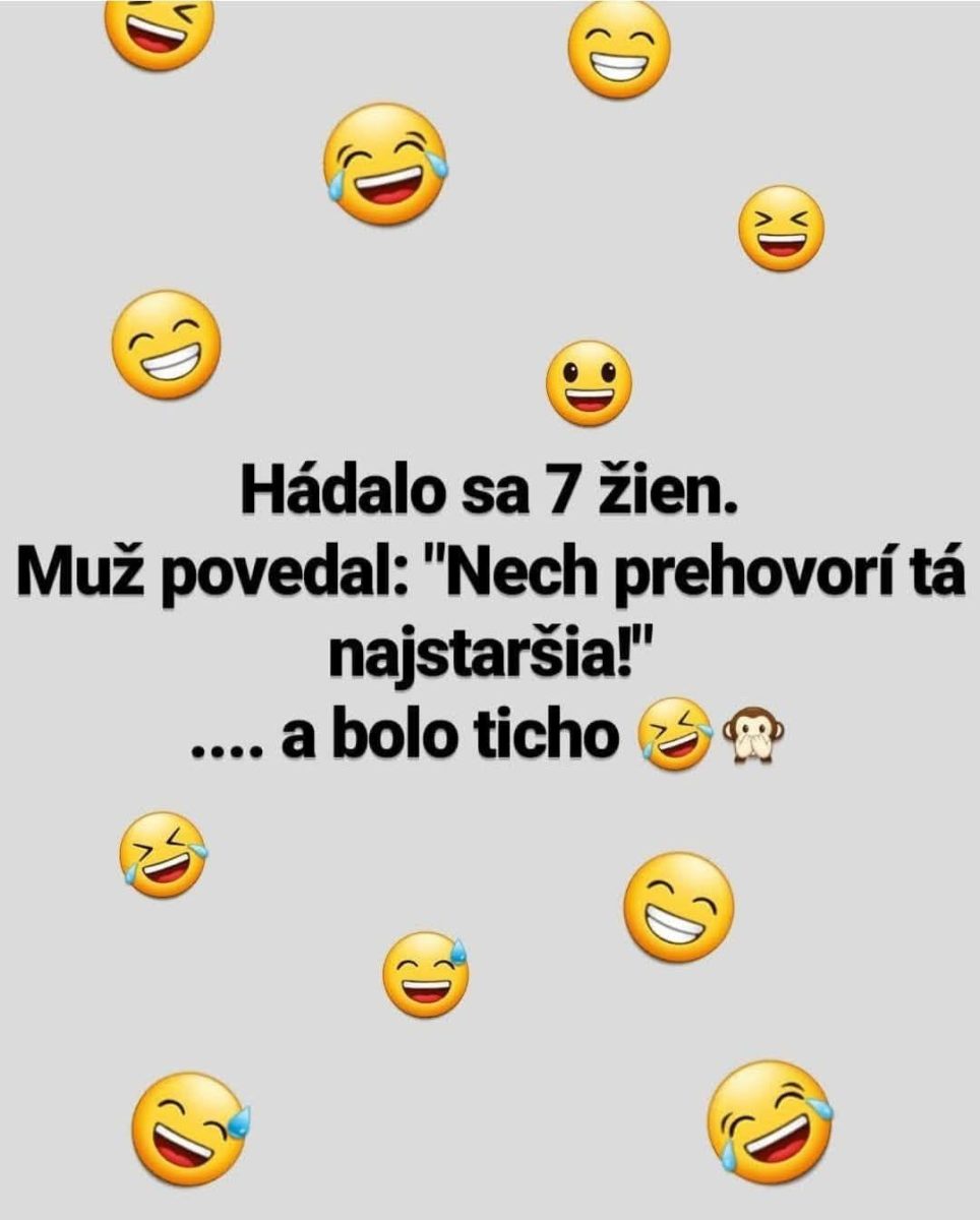 Smajlíky a textový vtip o siedmich ženách, ktorý končí vtipnou poznámkou o tichu.