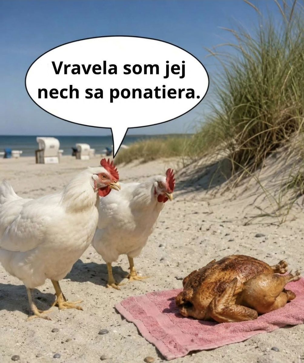 Dve živé sliepky na pláži s pečenou kurou na uteráku, vtipná situácia so slovnou hračkou o opaľovaní.