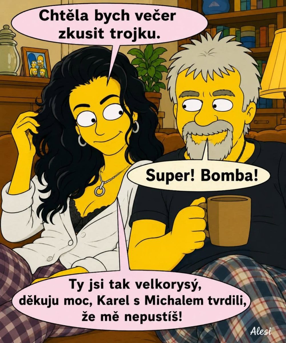 Karikatúra dvoch postáv na gauči, diskutujúcich o večernom pláne, s humorným dialógom v bublinách.