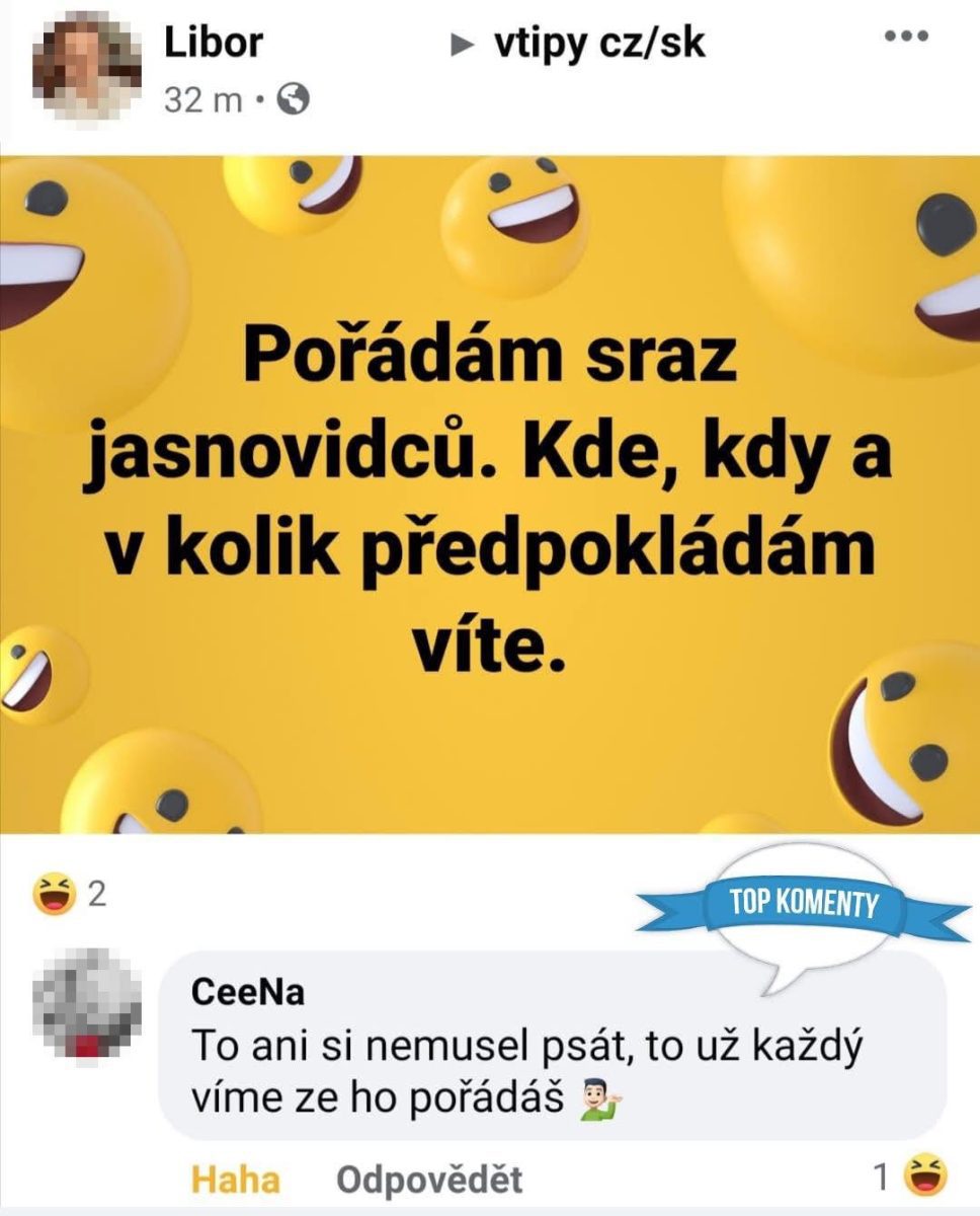 Jasnovidci sa stretnú na neznámom mieste, humoristický obrázok so smajlíkmi a vtipným komentárom.