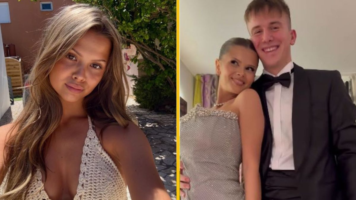 Dvojica fotiek zobrazujúca mladú ženu vonku a pár elegantne oblečený na formálnu príležitosť.