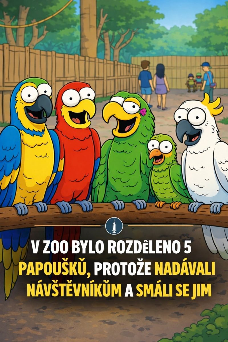 Päť kreslených papagájov sedí na konári v zoo, kde prídu problémy s návštevníkmi.