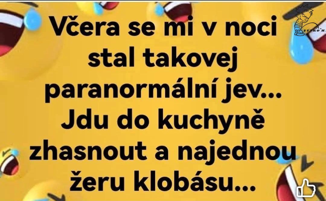 Vtipný český text o nočnom prekvapení v kuchyni: V noci zhasnem a jím klobásu. Emojis sa smejú.
