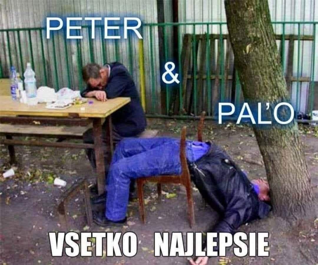 Dvaja muži spia vonku pri stole, jeden na stoličke, druhý opretý o strom. Vtipný moment z oslavy.