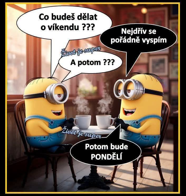 Dvaja vtipní žltí animovaní postavičky si nad šálkami kávy plánujú víkendové aktivity v kaviarni.