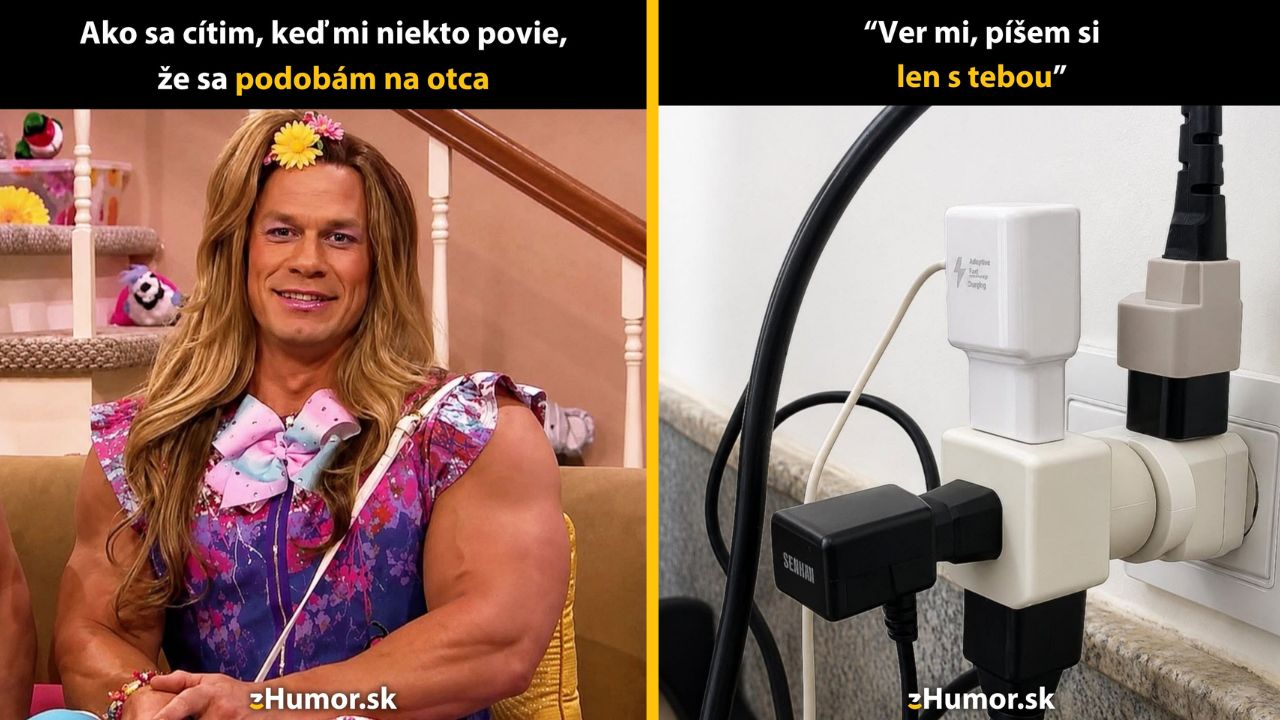 Muž v kostýme vedľa preplnenej zásuvky; humorný text o podobe na otca a dôvere vo vzťahu.