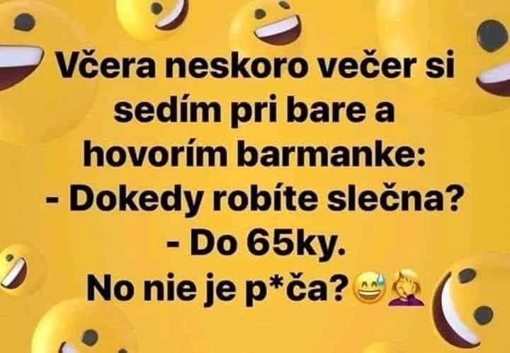 Textový vtip o rozhovore muža s barmankou pri bare so smajlíkmi na žltom pozadí.