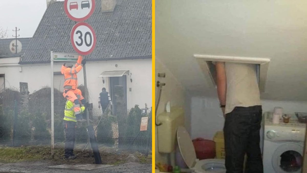 Dvojica pracovníkov inštaluje dopravnú značku, muž v strope kúpeľne.