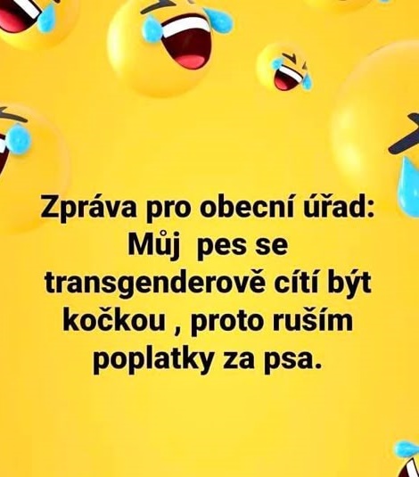 Vtipný text o psoch a poplatkoch, doplnený smejúcimi sa emotikonmi.
