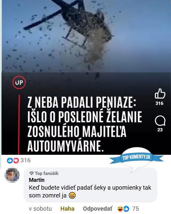 Helikoptéra zhadzuje peniaze ako posledné želanie zosnulého majiteľa autoumyvárne, komická reakcia fanúšika.