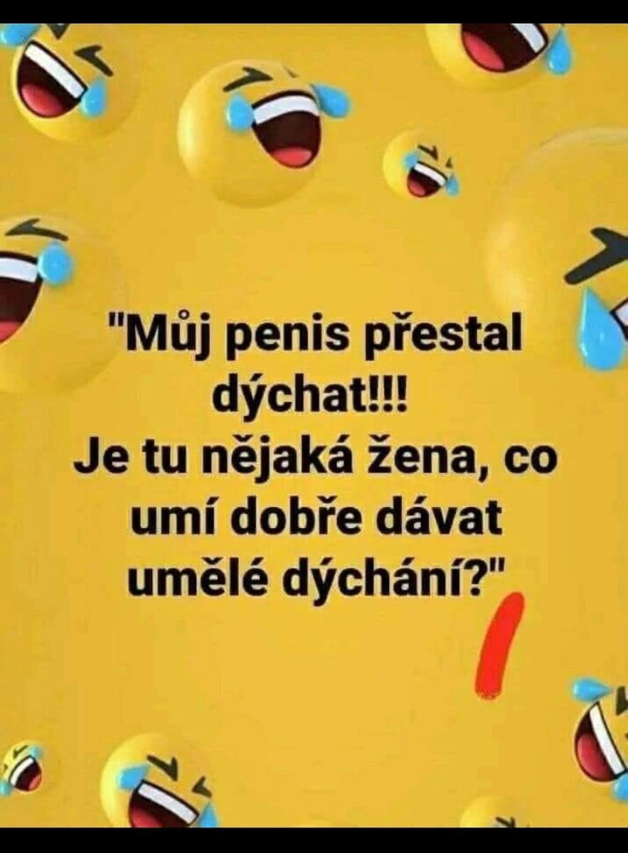 Vtipný obrázok s rozosmiatymi emotikonmi a humorným textom v češtine o umelom dýchaní.