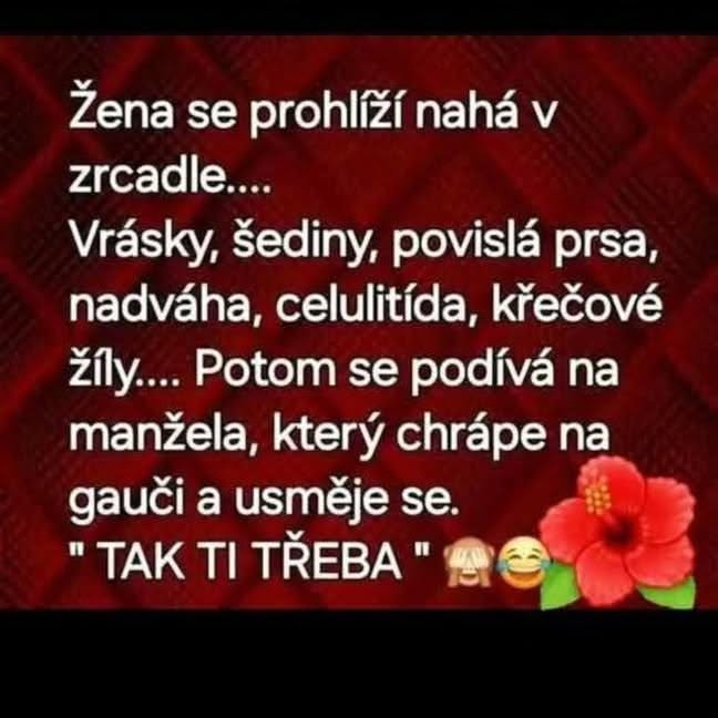 Žena sa pozerá do zrkadla, hodnotí svoje telo a manžela, ktorý spí na gauči, s úsmevom reaguje.