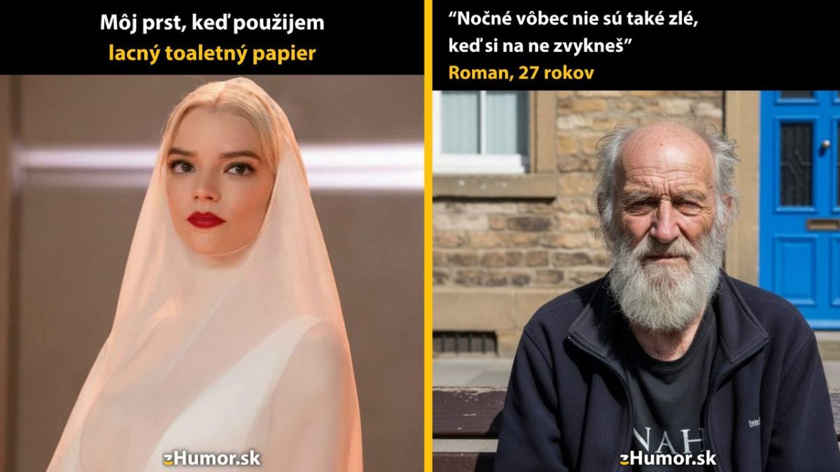 Dvaja ľudia vtipne komentujú situácie s lacným toaletným papierom a nočnými zážitkami.