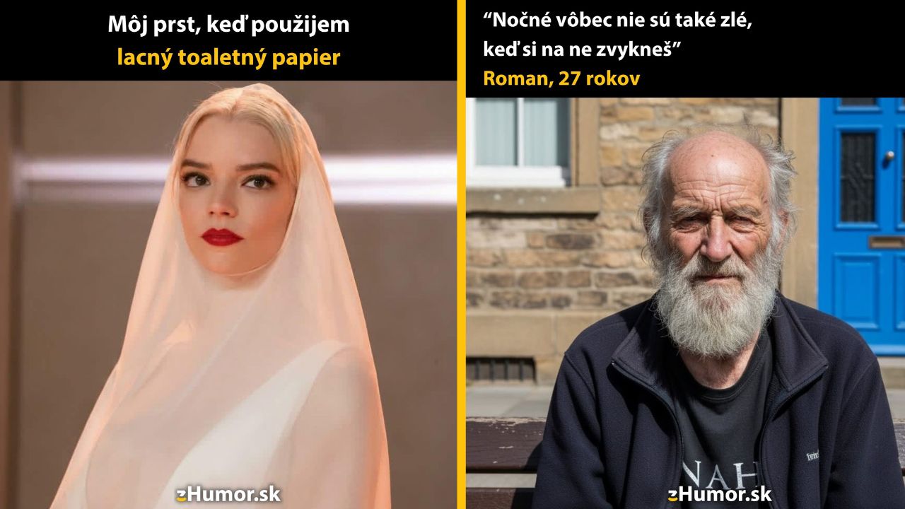 Dvaja ľudia vtipne komentujú situácie s lacným toaletným papierom a nočnými zážitkami.