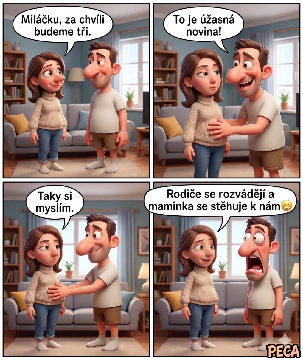 Žena oznamuje mužovi novinku, ktorý je nadšený, no je prekvapený z nečakaného zvratu.