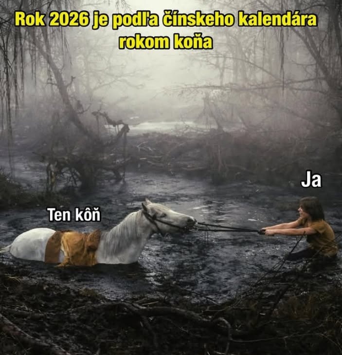 Človek ťahá koňa zo zaplaveného lesa, vtipný text o čínskom roku koňa 2026.