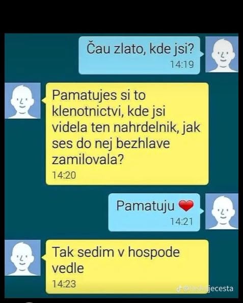 Párová SMS konverzácia: Otázka, vzpomienka na klenotníctvo a žartovný záver s hospodou vedľa.