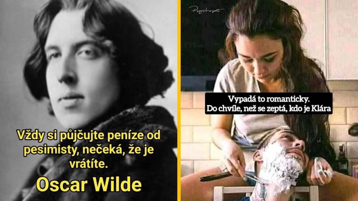 Čiernobiely portrét s citátom a žena holiaca muža s vtipným textom o romantike.
