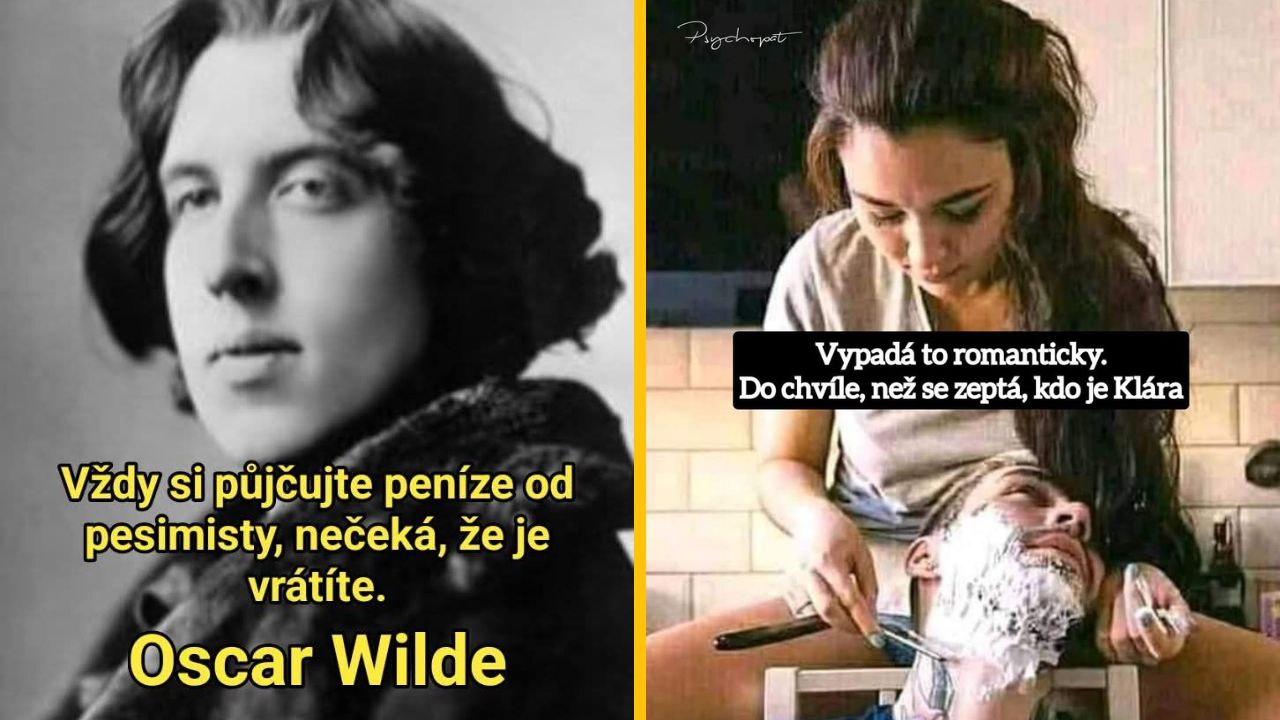 Čiernobiely portrét s citátom a žena holiaca muža s vtipným textom o romantike.