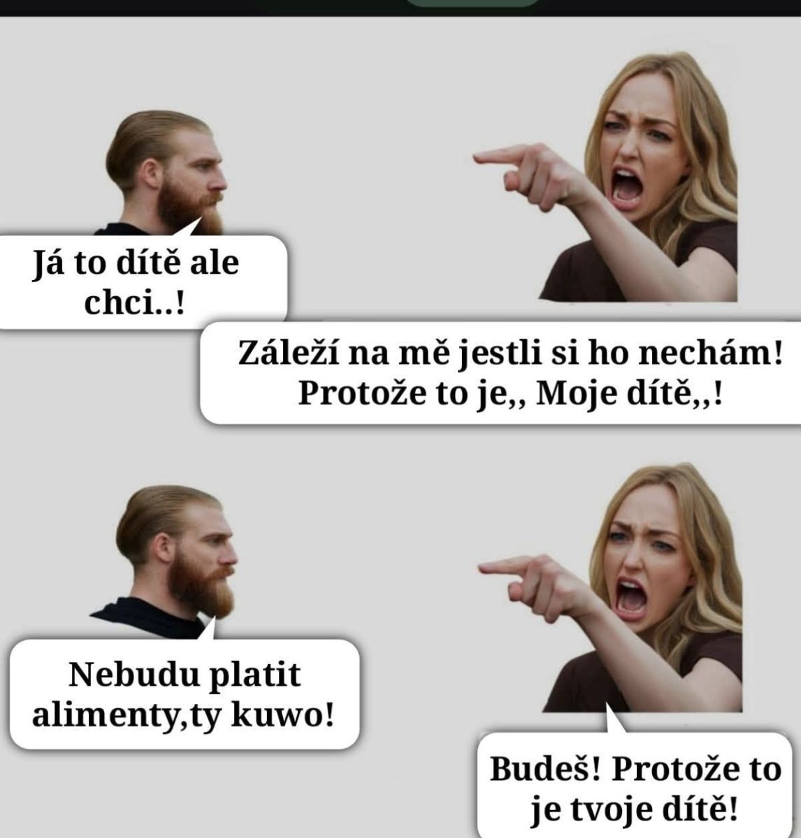 Muž a žena sa hádajú o zodpovednosti za dieťa; textové bubliny s emotívnym dialogom.