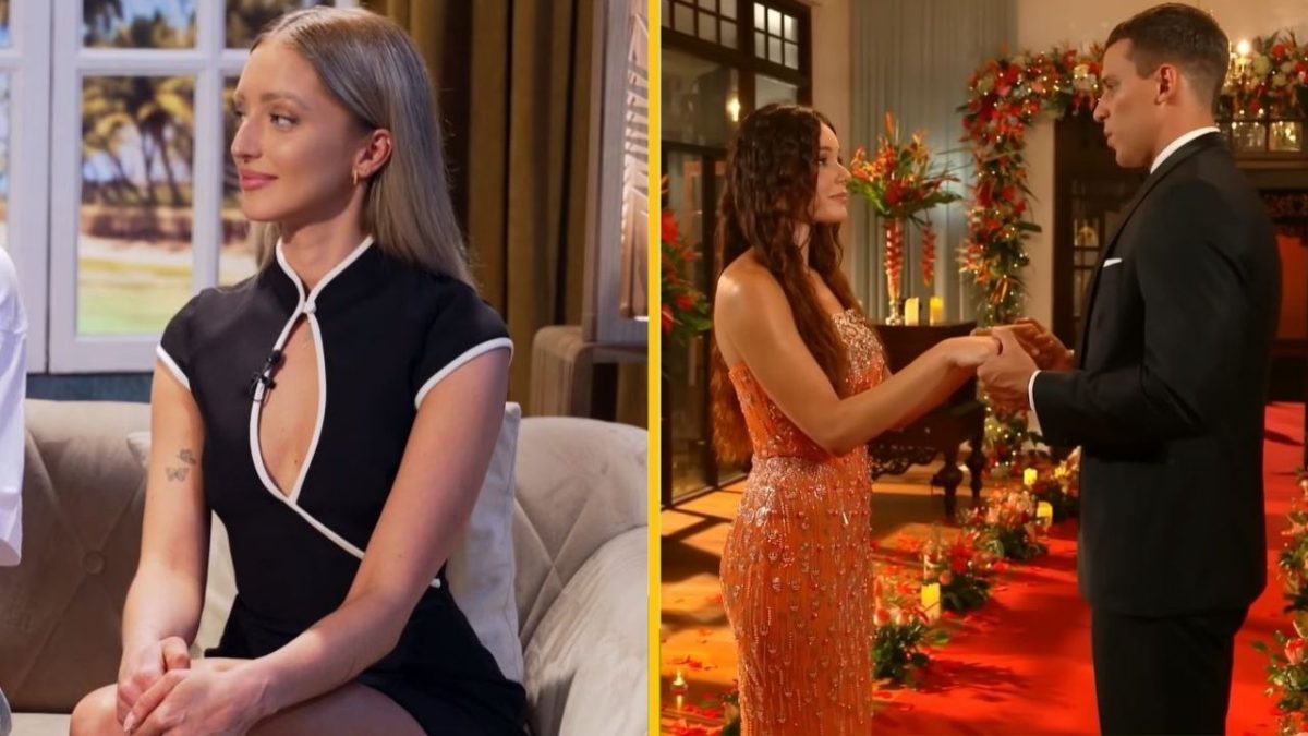 Osoba v čiernych šatách sedí na pohovke vedľa obrázku dvoch ľudí, ktorí sa držia za ruky v elegantnom prostredí.
