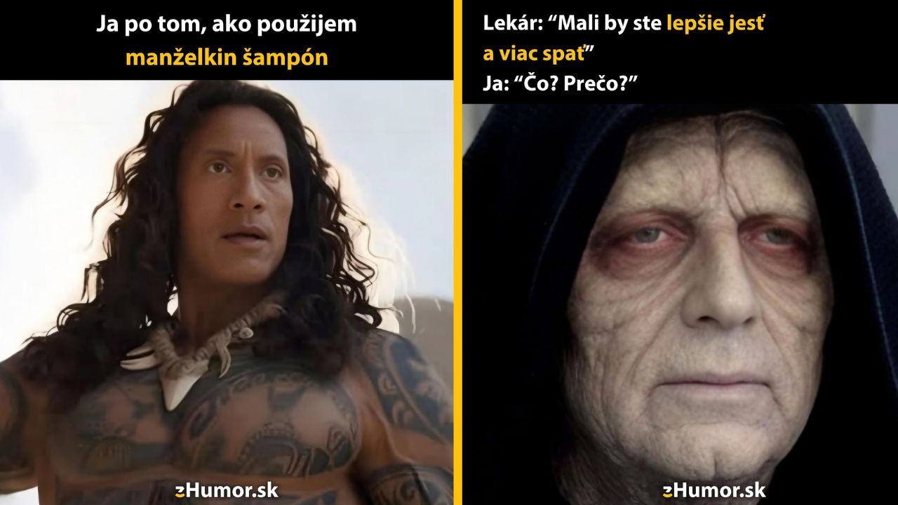 Dva obrázky: vlasy po šampóne a potreba zlepšiť spánok. Text: Ja vs. lekárske rady o zdraví.