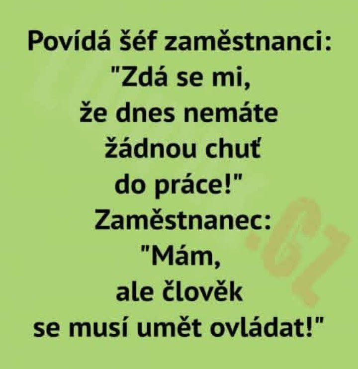 Šéf a zamestnanec vtip: Motivácia do práce a sebaovládanie. Zelené pozadie s textom v češtine.