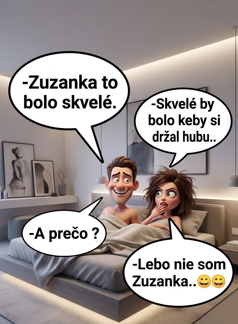 Dvaja animovaní postavy v posteli s vtipnými textovými bublinami o zámene mien.