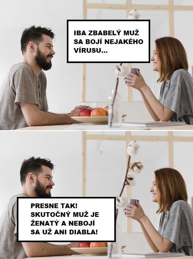 Muž a žena pri stole s úsmevom diskutujú, komiksová bublina o odvahe vo vzťahu, pohár v ruke, jablká na miske.